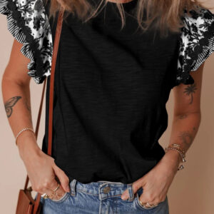Black Ruffle Round Neck Blouse