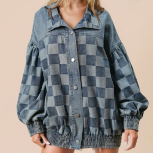 Checkered Button-Up Denim Jacket