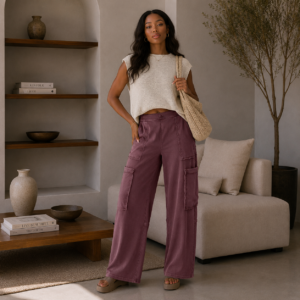 Rust Mineral Wash Wide-Leg High-Rise Cargo Pants