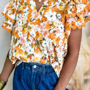Sherbet Floral Ruffle Scallop Trim Short Sleeve Blouse