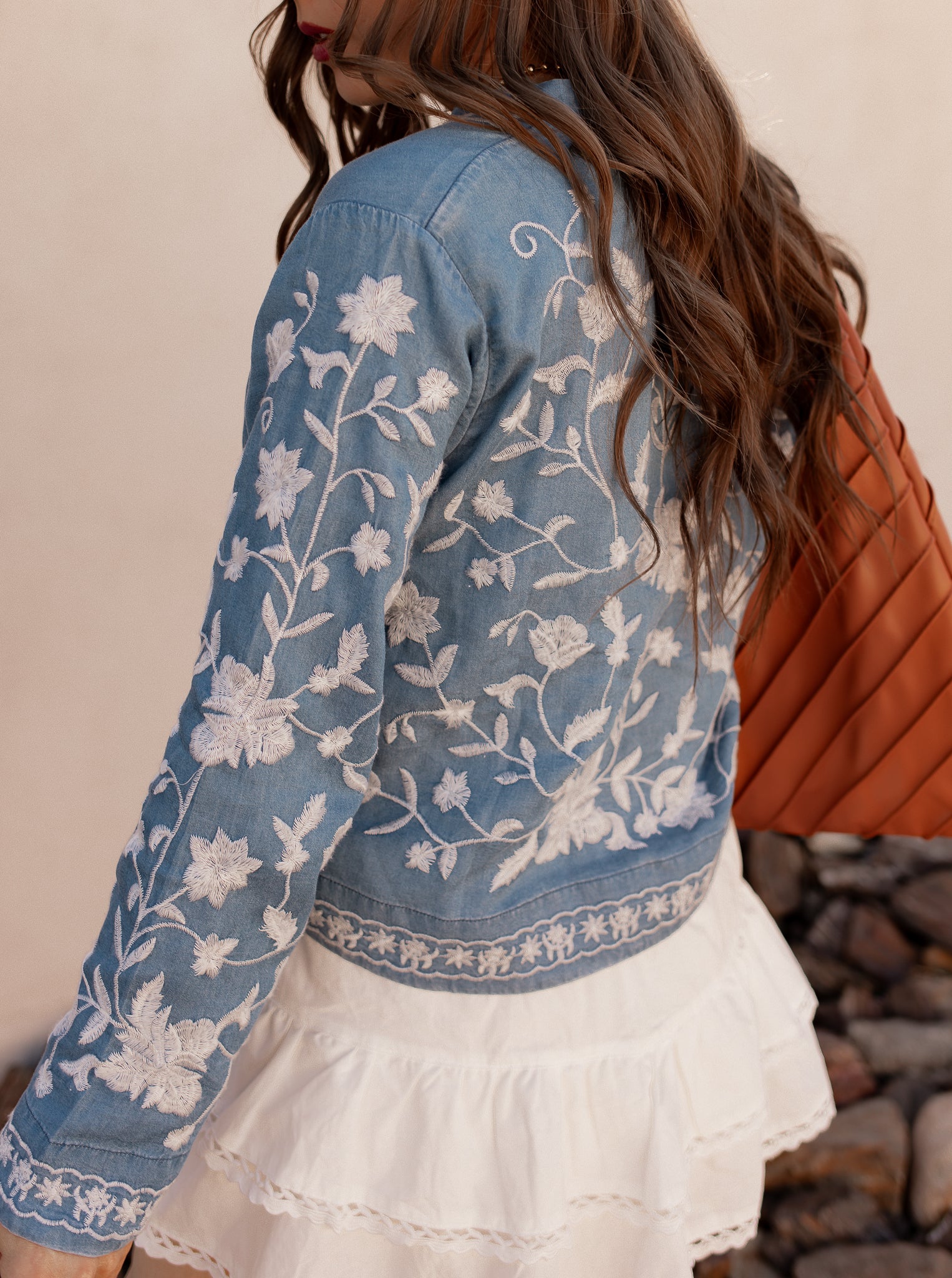 Light Blue Floral Embroidered Draped Long Sleeve Blouse - Image 7